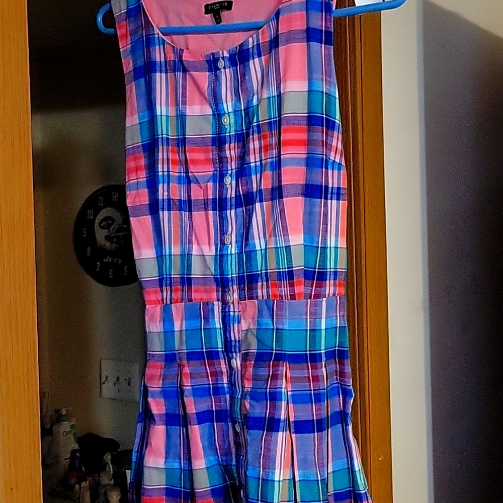 Plaid Dress Talbots Pink Blue Gingham Madras Button Down Aline Dress 2 Petite